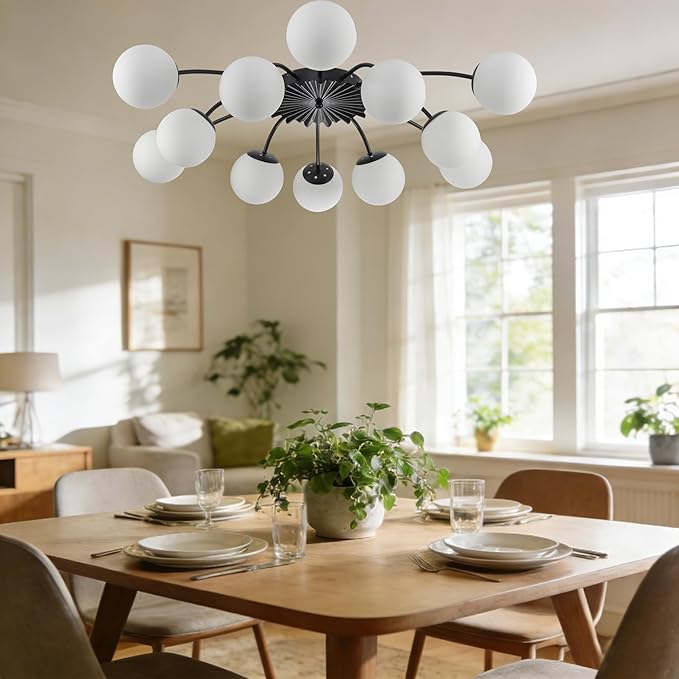 Longree 12-Light Black and White Sputnik Chandelier Opal Glass Flush Mount Ceiling Light Fixture with Blossom Accent, Mid Century Milk Glass Bubble Starburst Lighting for Dining Living