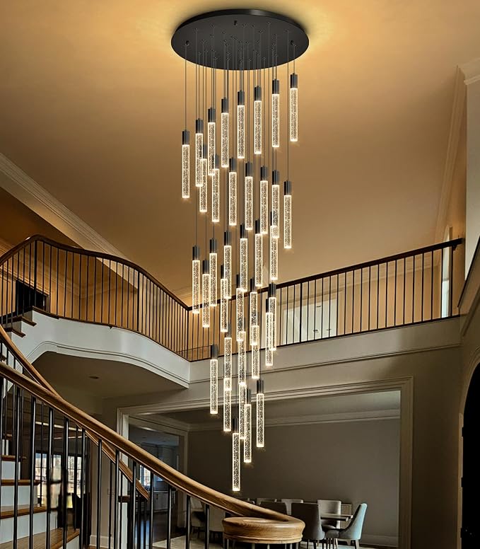 HAIXIANG 16 Foot Chandeliers for Living Room Entryway High Ceiling Light Fixtures Sloped Flush Mount Ceiling Pendant Lighting Dimmable Chandelier with Remote LED Crystal Pendants Lighting Black Light