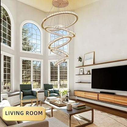 Modern Crystal Chandelier Dimmable 5 Rings LED Gold Chandelier Linear Chandelier Dining Room Light Fixture with Remote for Entryway, Bedroom,Living Room and Foyer
