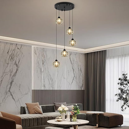 Weesalife Crystal Chandeliers for Dining Room Lights Fixture Over Table, 5-Light Black Modern Pendant Light Fixture，Crystal Chandeliers for Living Room Kitchen Island Staircases Foyer Hallway Bar