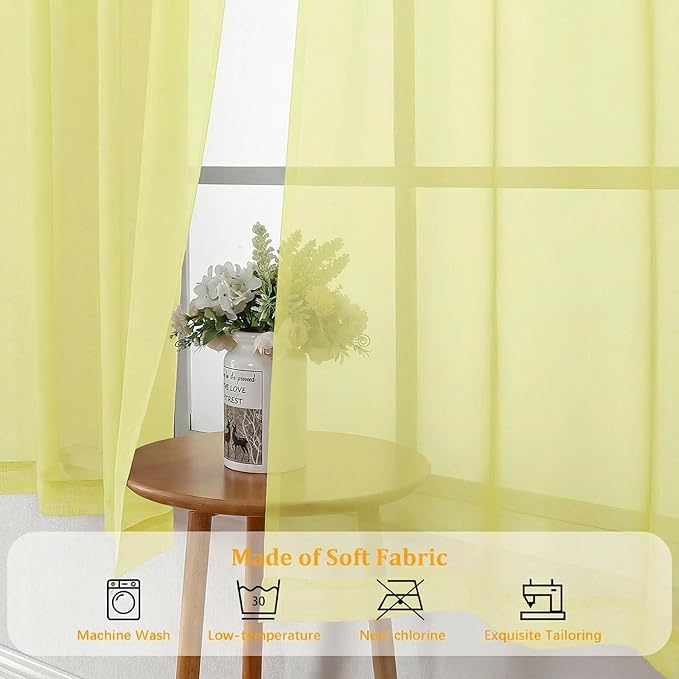 Gwine Short Kitchen Sheer Curtains 36 Inch Length - Light Filtering Voile Small Half Window Curtain for Basement, Rod Pocket Cafe Curtains for Bathroom Cabinet, 42Wx36L Inch, 2 Panels, Lemon