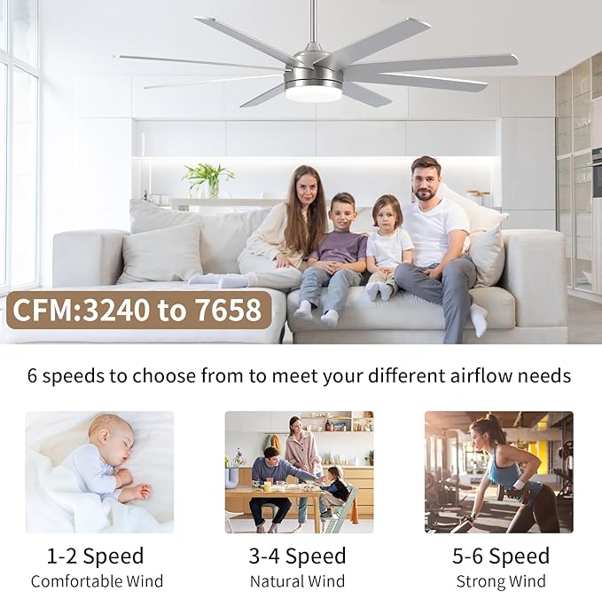 YUHAO 62 Inch Brushed Nickel Ceiling Fan with Light and Remote Control.Noiseless,Dimmable,3CCT,6 Speeds Reversible, DC Ceiling Fans for Indoor or Covered Outdoor Use.ETL Listed