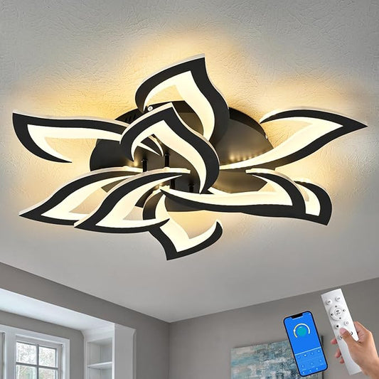 31" Black Modern Geometric Dimmable Ceiling Light Fixture, 9 Leaves Low Profile Flush Mount Ceiling Light for Kitchen, Bedroom, Living Room