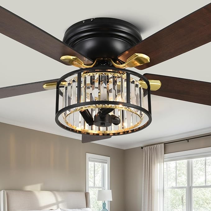 52" Flush Mount Crystal Ceiling Fan with Lights and Remote, Rustic Chandelier Ceiling Fan Low Profile Farmhouse Fandelier Light for Bedroom Living Room Kitchen, 3 E12 Bulbs (Not Included)