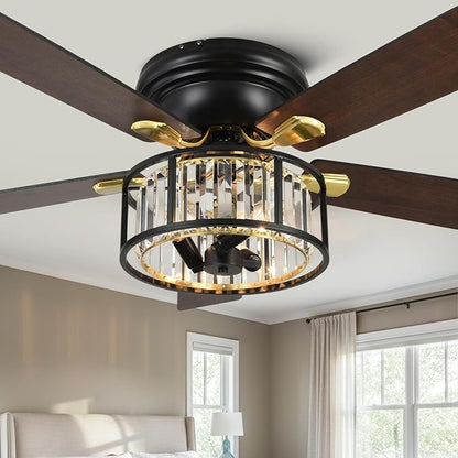 52" Flush Mount Crystal Ceiling Fan with Lights and Remote, Rustic Chandelier Ceiling Fan Low Profile Farmhouse Fandelier Light for Bedroom Living Room Kitchen, 3 E12 Bulbs (Not Included)