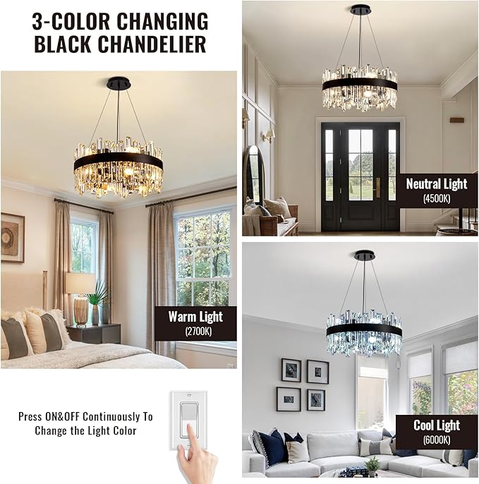 Siljoy Black Crystal Chandelier for Dining Room, Modern 2-Tiers K9 Crystal Raindrop Chandelier 12 Lights Farmhouse Pendant Ceiling Light for Living Room Kitchen Island Entry Foyer D19.7''