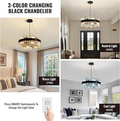 Siljoy Black Crystal Chandelier for Dining Room, Modern 2-Tiers K9 Crystal Raindrop Chandelier 12 Lights Farmhouse Pendant Ceiling Light for Living Room Kitchen Island Entry Foyer D19.7''