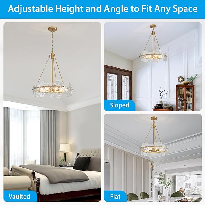 XINGQI 6-Light Modern Gold Glass Chandelier 19.7" Drum Light Fixture Round Water Ripple Pendant Lighting for Dining Room Living Room Kitchen Island Office