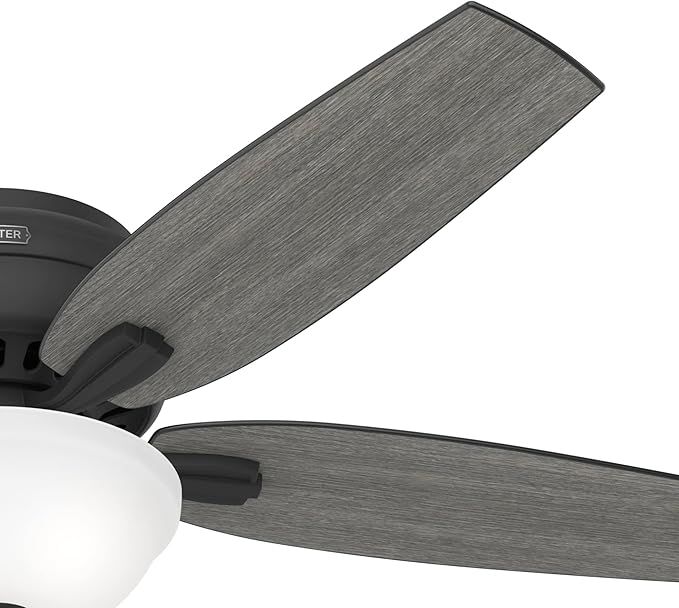 Hunter 52 inch Indoor Ceiling Fan with LED Light - Black Ceiling Fan with Pull Chain, For Bedroom or Living Room, Low Profile Flush Mount, 5 Blades, Includes Bulbs - Newsome 52396, Matte Black