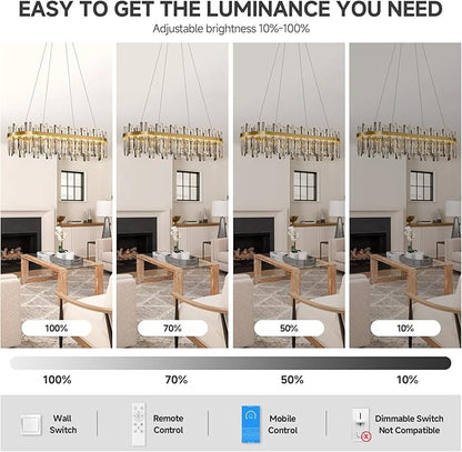 Gold Led Modern Crystal Chandelier: 39.3" Rectangle Linear 3 Color Dimmable Chandeliers for Dining Room Over Table-Luxury Rectangular Contemporary Oval Light Fixture for Living Room Bedroom Foyer
