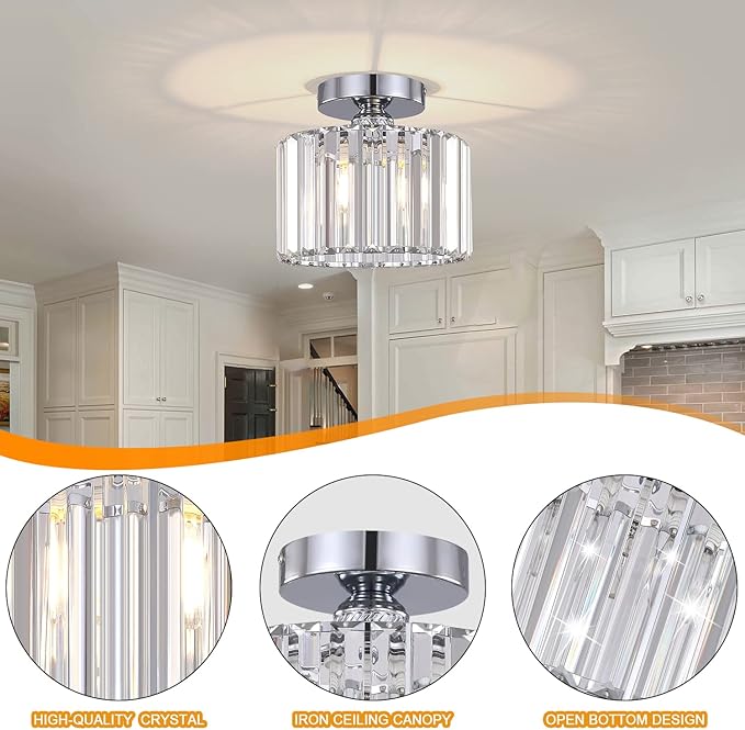 BUXVRCS Semi Flush Mount Modern Chandelier, Crystal Ceiling Light Fixture, Small Close to Ceiling Light for Living Room, Bedroom, Hallway, Bathroom, Kitchen, Entryway (Silver)