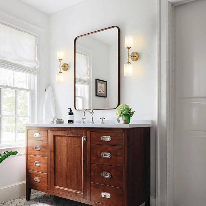 BYOLIIMA 2-Lights Gold Wall Sconce with White Cylinder Glass Shades Modern Mid Century Bathroom Vanity Wall Light Fixtures Industrial Brushed Brass Wall Lamp for Bedroom Mirror Living Room Restaurant