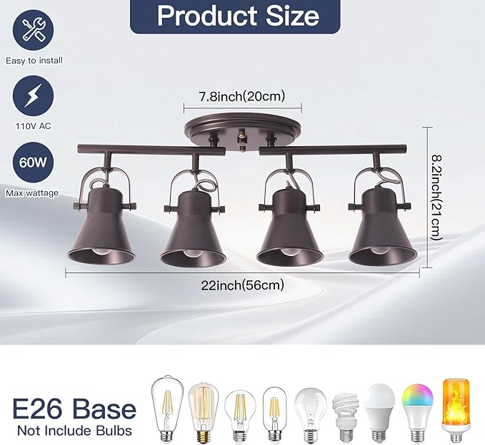 4-Light Brown Track Lighting Fixtures Ceiling, Directional Ceiling Spotlight with 4 Rotatable Heads, Modern Industrial Flush Mount Ceiling Light for Kitchen Island, Dining Room, Hallway
