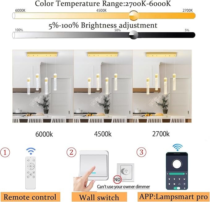4-Light Gold Pendant Lights Kitchen Island Modern LED Gold Crystal Column Chandeliers Dimmable Crystal Ceiling Light for Dinning Room Living Room 32W