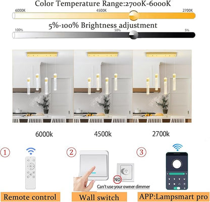 4-Light Gold Pendant Lights Kitchen Island Modern LED Gold Crystal Column Chandeliers Dimmable Crystal Ceiling Light for Dinning Room Living Room 32W