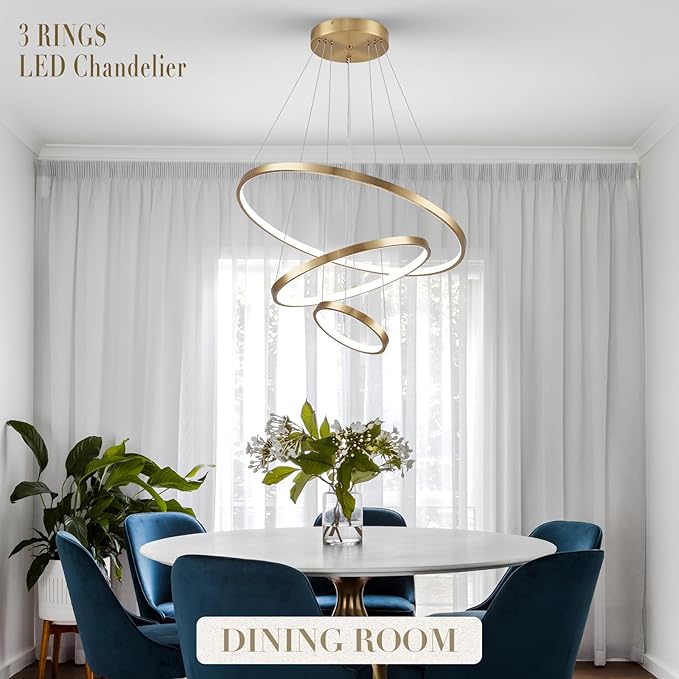 3 Rings LED Chandeliers Modern Gold Chandelier Dimmable Flush Mount Pendant Light Fixture Remote Control Contemporary Pendant Chandelier for Dining Room Bedroom Foyer, 3000-6500K