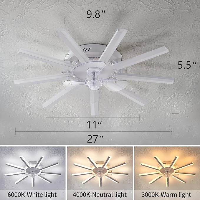 27" White Straight Strip Geometric Ceiling Fan with Lights, 3 Colors 6 Speeds Low Profile Ceiling Fan with Light for Kitchen Bedroom