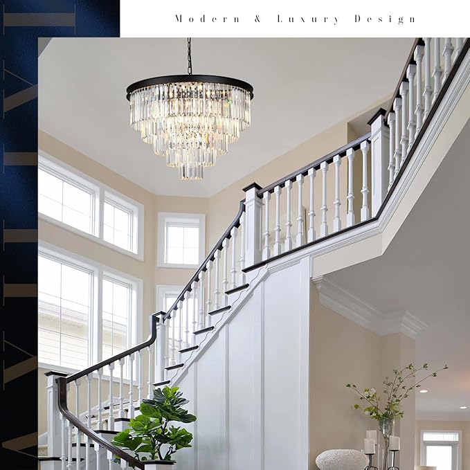 A AXILIXI Large Crystal Chandelier Modern Black 30" Round Chandeliers for Staircase K9 5-Tier Large Ceiling Pendant Light Fixtures Luxury Chandelier for High Ceiling Foyer Living Room Bedroom