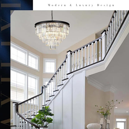 A AXILIXI Large Crystal Chandelier Modern Black 30" Round Chandeliers for Staircase K9 5-Tier Large Ceiling Pendant Light Fixtures Luxury Chandelier for High Ceiling Foyer Living Room Bedroom