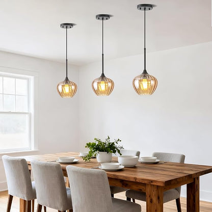 2Pack Amber Glass Pendant Light, 7 Inch Vintage Pendant Light Fixtures Modern Small Pendant Hanging Lights for Kitchen Island Dining Room Bathroom Coffee Bar