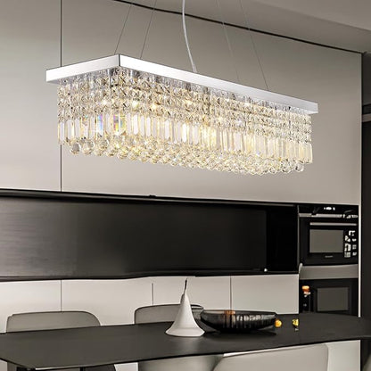 Modern Crystal Chandeliers for Dining Room Kitchen Island Light Fixture, 8-Light Rectangle Chandelier for Living Room, L39.4 Inch, Chrome Finish