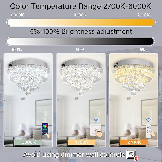 Dia 12" Mini Chandelier Flush Mount Chandelier for Hallway, Crystal Ceiling Chandeliers for Dining Room, Bedroom, Living Room, Entryway, Kitchen (Black Ceiling Light Fixture)