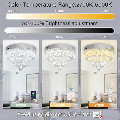 Dia 12" Mini Chandelier Flush Mount Chandelier for Hallway, Crystal Ceiling Chandeliers for Dining Room, Bedroom, Living Room, Entryway, Kitchen (Chrome Ceiling Light Fixture)