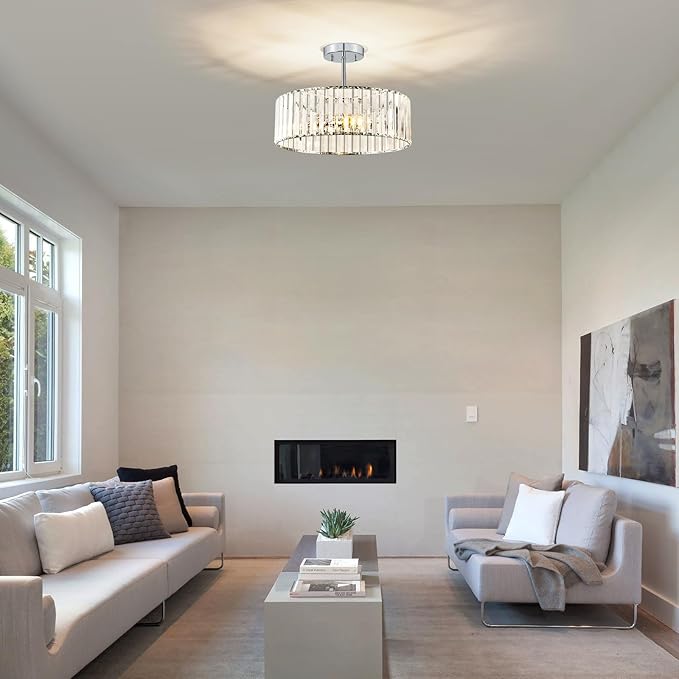 Pevfah Crystal Chrome Ceiling Light, Modern Semi Flush Mount Ceiling Lighting Fixture, Round Hallway Lighting Fixtures Chandelier for Kitchen Entryway Bedroom Dining Room, 3-Light, 15.7 Inch