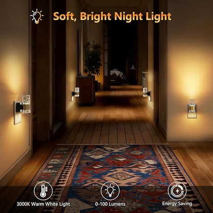LED Night Lights Plug into Wall 2 Pack, Acrylic Nightlight with Dusk to Dawn Sensor, 0-100LM Stepless Dimmable, 3000K Soft Light, Wall Sconce Night Light Plug in for Bathroom Hallway Room