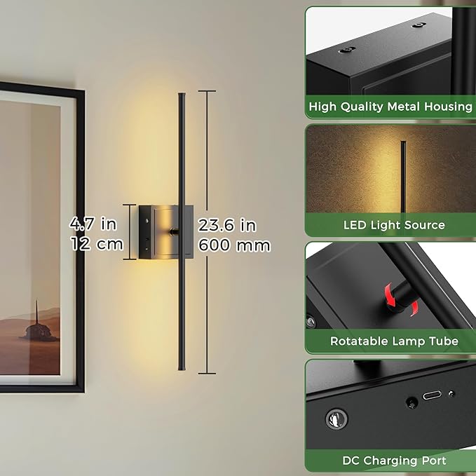 DORESshop Battery Operated Wall Sconces Set of 2, Dimmable Battery Wall Sconce with Remote Control, Black 350°Rotate Rechargeable Sconces, 23.7 Inch Wireless Wall Lights for Bedroom, Living Room