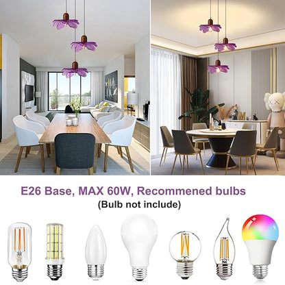 Mid Century Pendant Light 3-Light Purple Glass Chandelier Vintage Walnut Wood Hanging Pendant Lamp Art Decoration Light Fixtures Modern Pendant Lighting for Dining Room Bedroom