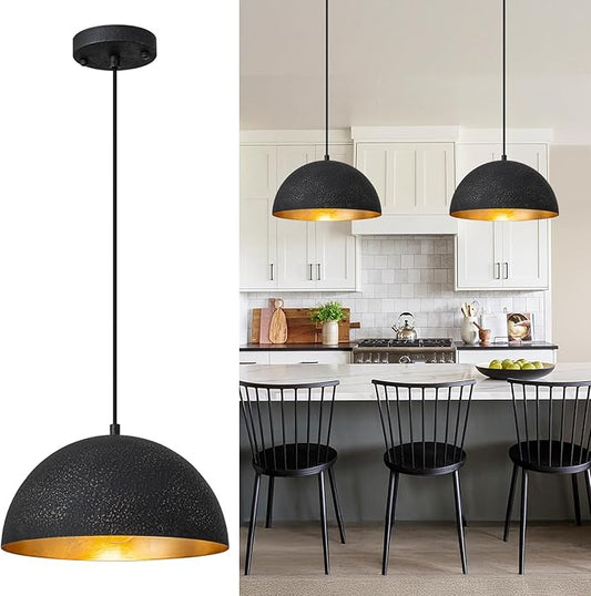 Farmhouse Pendant Light,11.8" Black with Gold Grain Industrial Dome Chandelier,Adjustable Vintage Pendant Lights Kitchen Island for Dining Room,Bedroom,Hallway