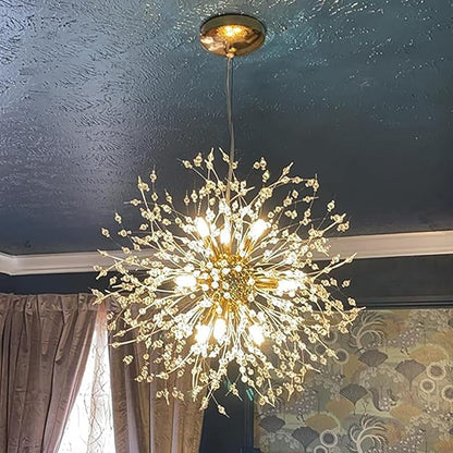 Modern Dandelion Firework Chandelier, Gold Bathroom Chandelier, Crystal Hanging Pendant Lighting Fixture for Dining Room, Bedroom, Entryway, Foyer, 9-Light