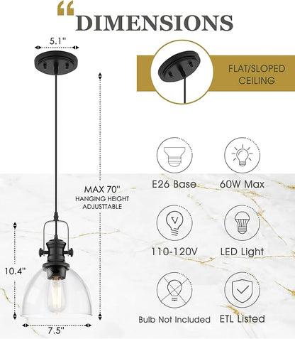 2-Pack Pendant Lights Kitchen Island, 7.5" Farmhouse Black Pendant Lighting with Clear Glass Shade, Vintage Hanging Light Fixtures for Dining Room Entryway, Adjustable Cord, AD-22151-1P2-BK-C