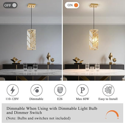 Gold Pendant Lights Kitchen Island 2 Pack, Adjustable Modern Pendant Light Fixtures, Mini Crystal Chandeliers for Dining Room Bedroom Foyer Hallway
