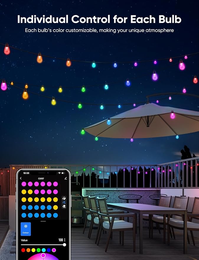 APPECK Outdoor String Lights, 150ft Smart RGBW Patio Lights Outside with 45 LED Bulbs, Extendable, 111 Scene Modes, IP65 Waterproof Lighting for Backyard, Dimmable Warm White, Compatible with Alexa