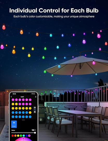 APPECK Outdoor String Lights, 200ft Smart RGBW Patio Lights for Outside with 60 LED Bulbs, Extenable, 111 Scene Modes, IP65 Waterproof Lighting for Backyard, Dimmable Warm White, Compatible with Alexa