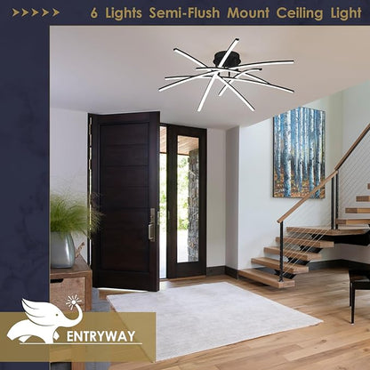 Modern 32.8" LED Chandelier Ceiling Light 6-Lights Black Dimmable Semi Flush Mount Ceiling Light Fixtures with Remote for Living Room Bedroom Kitchen 65 W 3000K-6000K