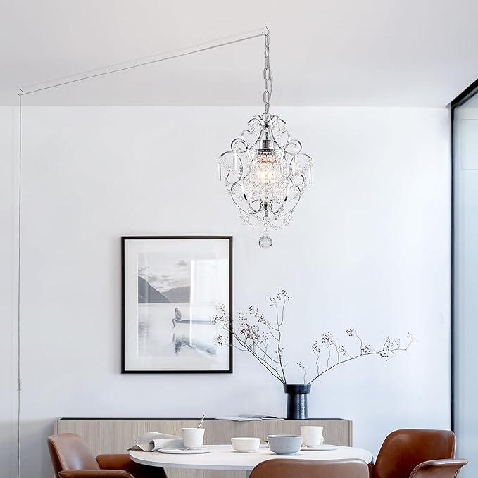 Plug in Crystal Chandelier,14.7 Ft Hanging Lights with Clear Cord & On/Off Switch,Plug in Ceiling Light Small Chandeliers for Bedroom Dining Room Entryway Living Room