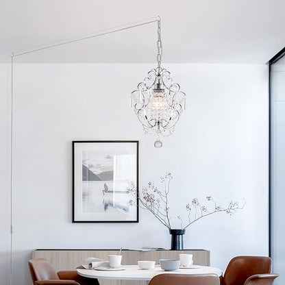 Plug in Crystal Chandelier,14.7 Ft Hanging Lights with Clear Cord & On/Off Switch,Plug in Ceiling Light Small Chandeliers for Bedroom Dining Room Entryway Living Room