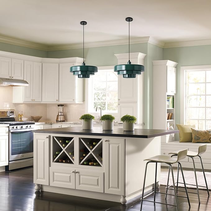 Mid Century Pendant Light Fixtures Ceiling Pendant Lighting 3-Layer Metal Shade Design Vintage Flush Mount Light for Dining Table Kitchen Island Hallway (Green)