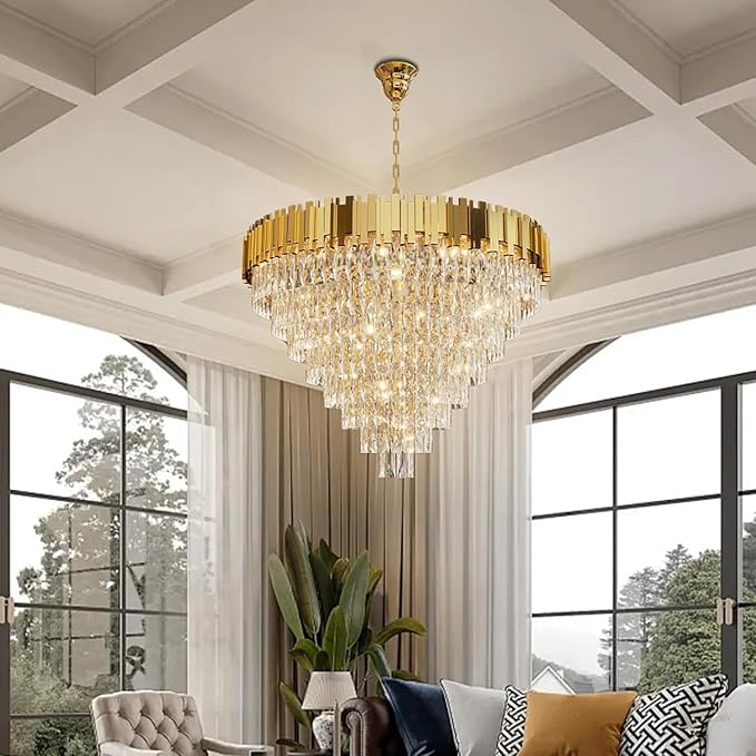 Gold Crystal Chandelier 40” 8-Tier Modern Round K9 Crystal Ceiling Light, Height Adjustable 16-Light Luxury Pendant Lighting for High Ceiling Dining Room Living Room Foyer Staircase