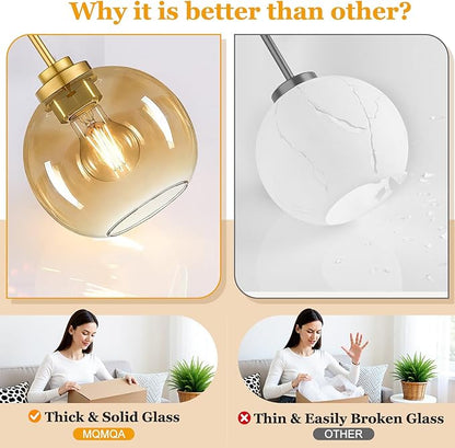 MQMQA 2 Pack 7.2-Inch Globe Pendant Lights, Mid Century Gold Pendant Light Fixtures, Amber Glass Pendant Lights Kitchen Island Adjustable Hanging Fixture for Dining Room Bulbs not Included