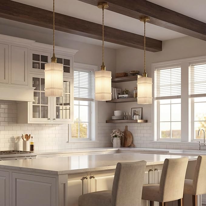 3Pack Milk Glass Striped Kitchen Island Pendant Lights, Vintage Dining Room Light Fixture - Adjustable Hanging Light Set for Dining Room, Bedside, Vanity Area, Hallway & Entryway