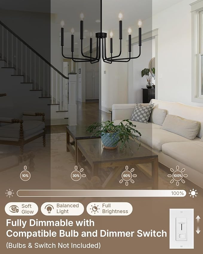 Yunnix 8 Light Black Chandelier for Dining Room Light Fixture, Modern Farmhouse Chandelier Candle for Bedroom, Entryway, Foyer, Staircase, Kitchen and Living Room