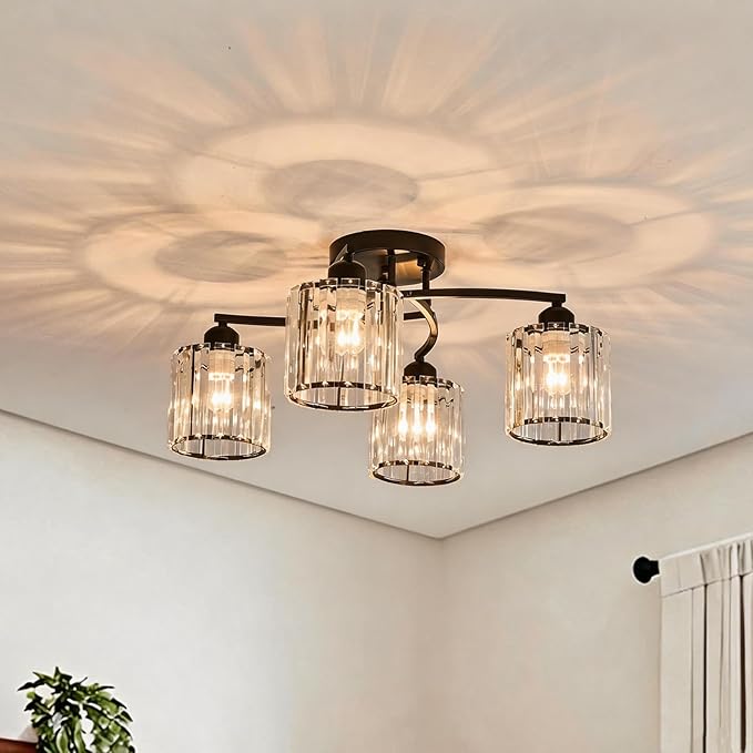 Crystal Chandelier, Modern Elegant Ceiling Light E26 Base Easy Installation Durable Metal Frame for Living Room Bedroom Dining Room, Black (Style B)