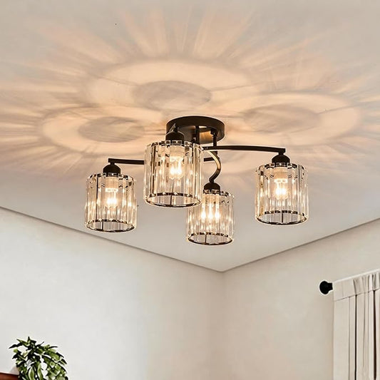Crystal Chandelier, Modern Elegant Ceiling Light E26 Base Easy Installation Durable Metal Frame for Living Room Bedroom Dining Room, Black (Style B)