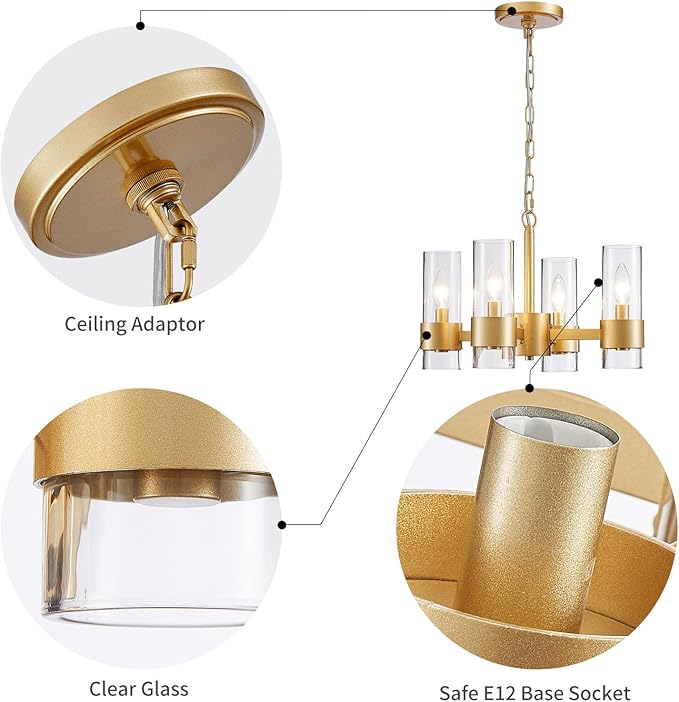 WUZUPS Industrial Chandelier 4-Light with Clear Glass Modern Farmhouse Round Light Fixture for Dining Room Kithen Island Foyer, Width 16.9" Height 12.2", Gold