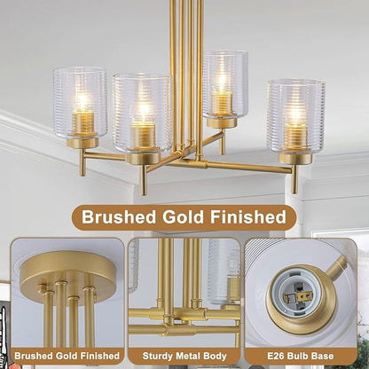 4-Light Modern Sputnik Chandelier Gold Sputnik Semi Flush Mount Ceiling Light with Striped Glass Shade for Living Room Dining Room Kitchen Island Bedroom Hallway Entryway Foyer