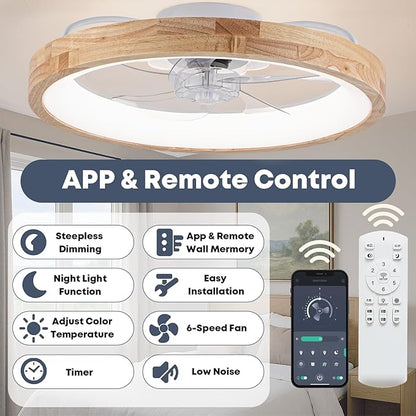Fszdorj 20'' Ceiling Fan with Light, Upgraded Low Profile Fan, Flush Mount Ceiling Fan, 6 Speeds, Dimmable LED, App & Remote Control, Quiet DC Motor, for Bedroom, Living Room, F126 (23.6 INCH)